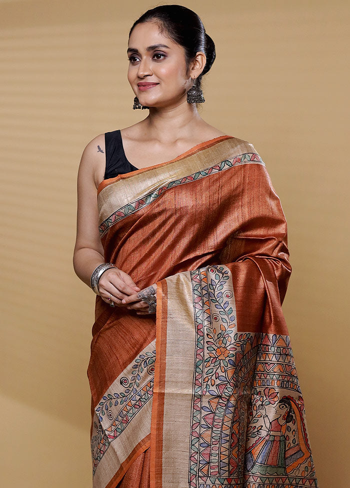 Brown Handloom Tussar Pure Silk Saree With Blouse Piece