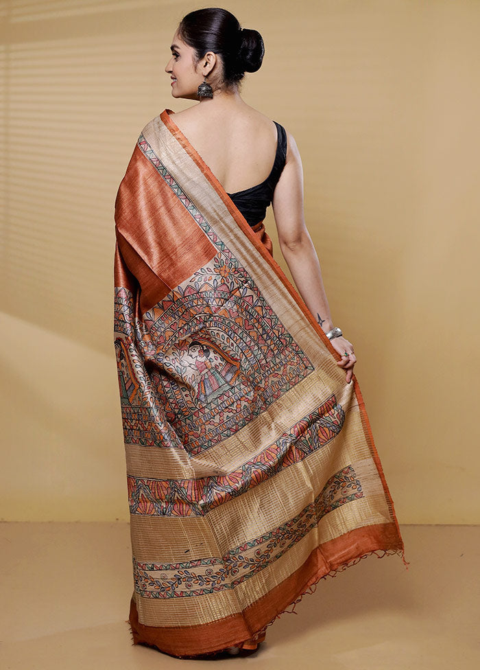 Brown Handloom Tussar Pure Silk Saree With Blouse Piece