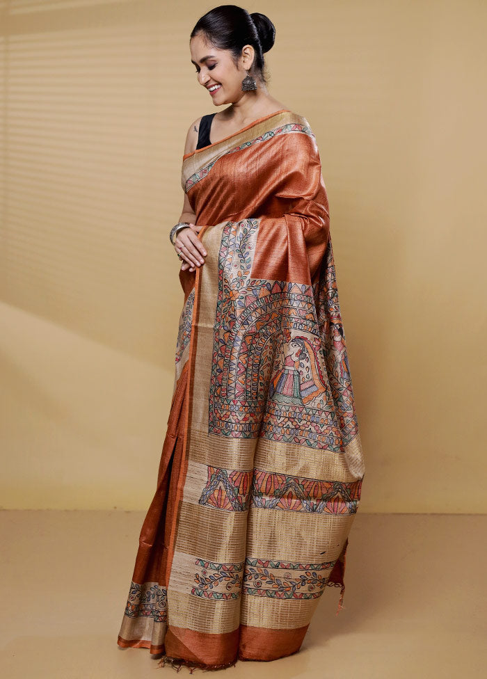 Brown Handloom Tussar Pure Silk Saree With Blouse Piece