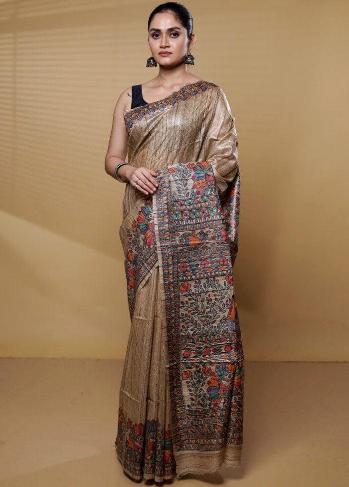 Cream Tussar Silk Saree With Blouse Piece