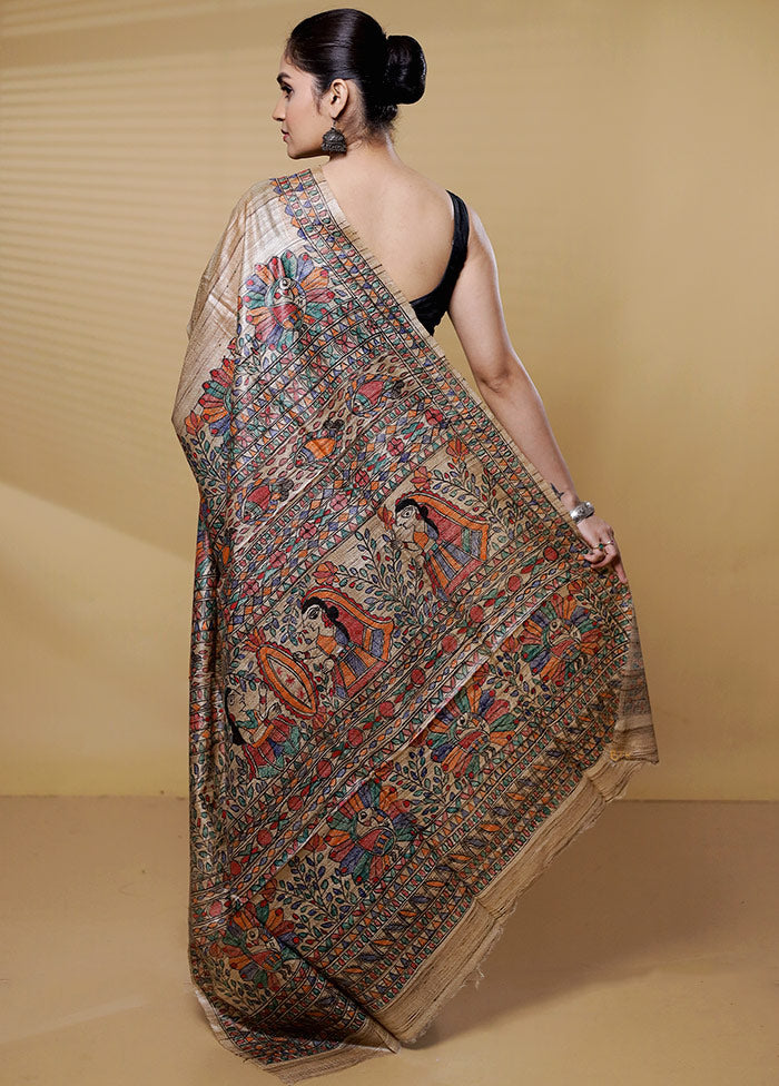 Cream Tussar Silk Saree With Blouse Piece