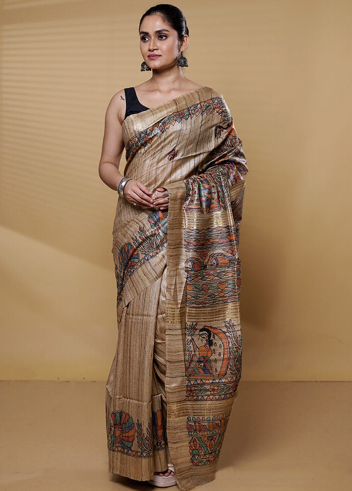 Cream Tussar Silk Saree With Blouse Piece