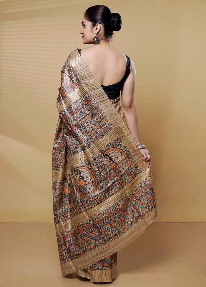 Cream Tussar Silk Saree With Blouse Piece