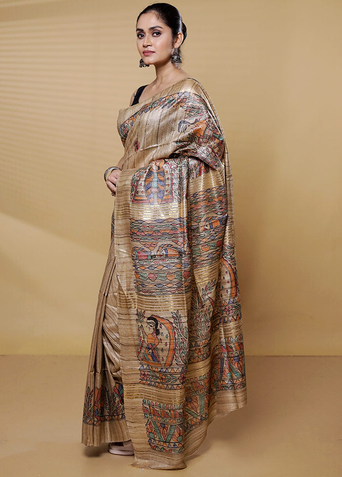 Cream Tussar Silk Saree With Blouse Piece