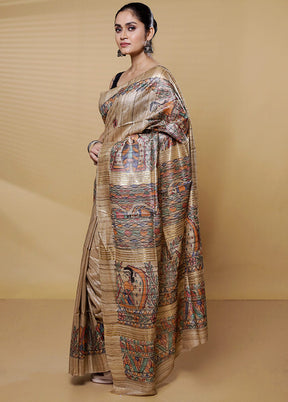 Cream Tussar Silk Saree With Blouse Piece