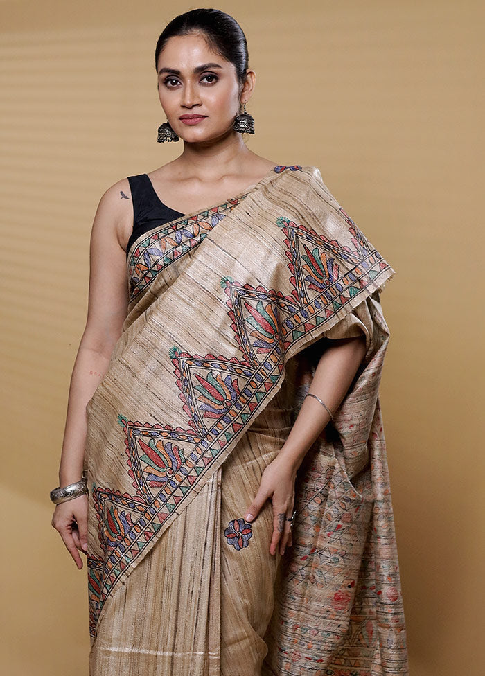 Cream Tussar Silk Saree With Blouse Piece