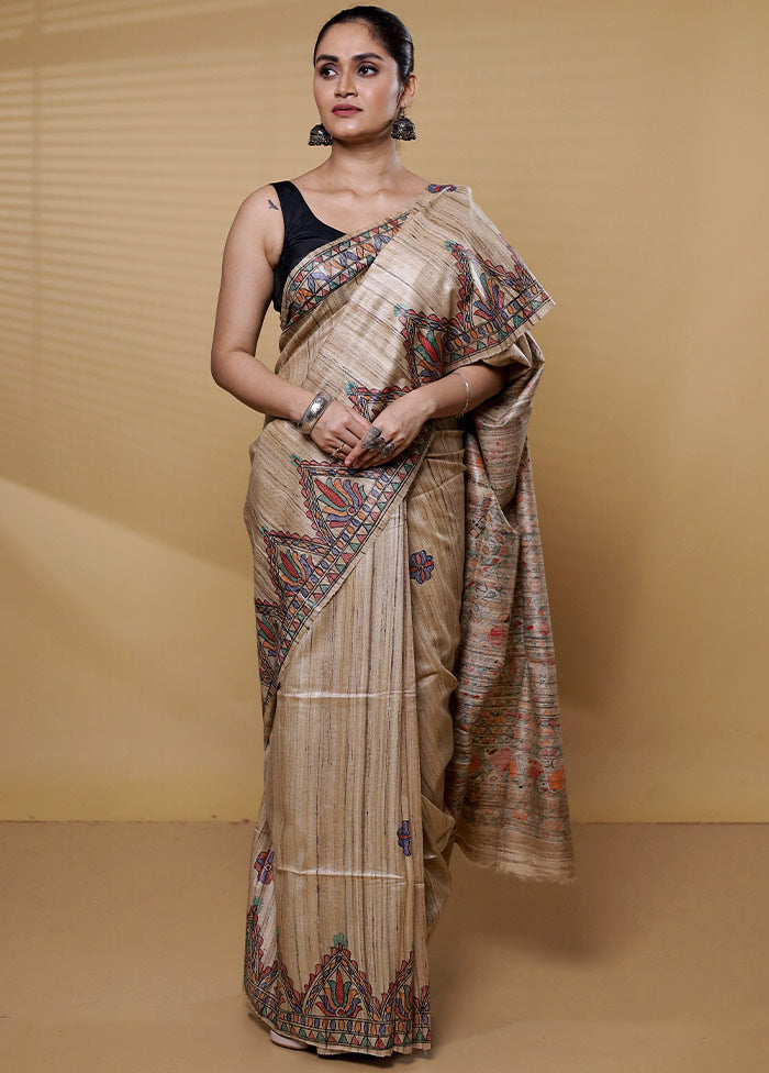 Cream Tussar Silk Saree With Blouse Piece