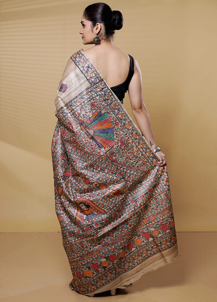 Cream Tussar Silk Saree With Blouse Piece