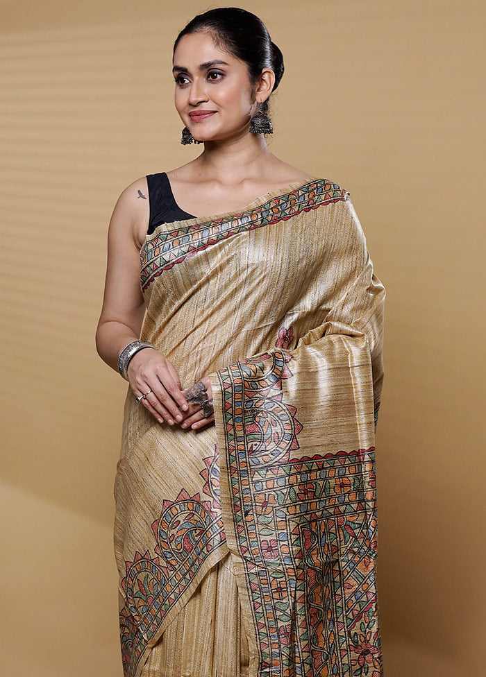 Cream Tussar Silk Saree With Blouse Piece