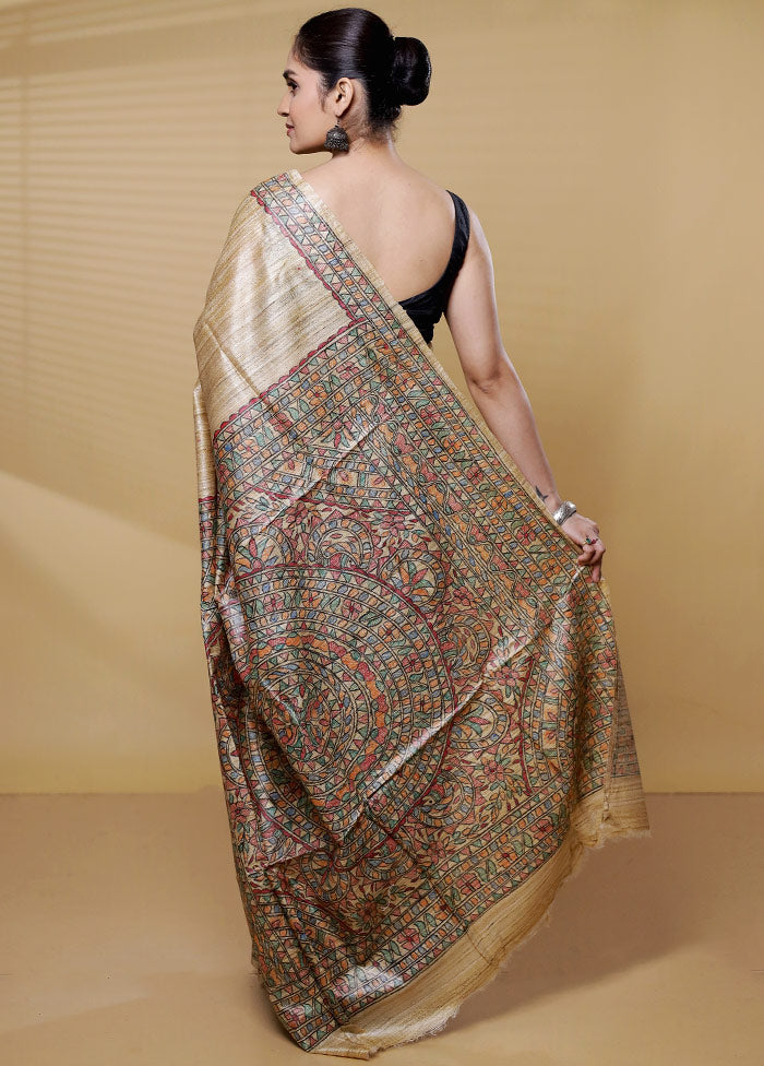 Cream Tussar Silk Saree With Blouse Piece