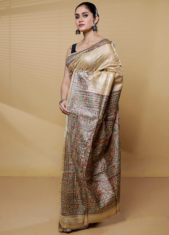 Cream Tussar Silk Saree With Blouse Piece