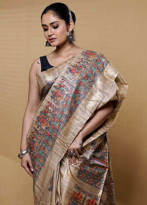 Cream Tussar Silk Saree With Blouse Piece