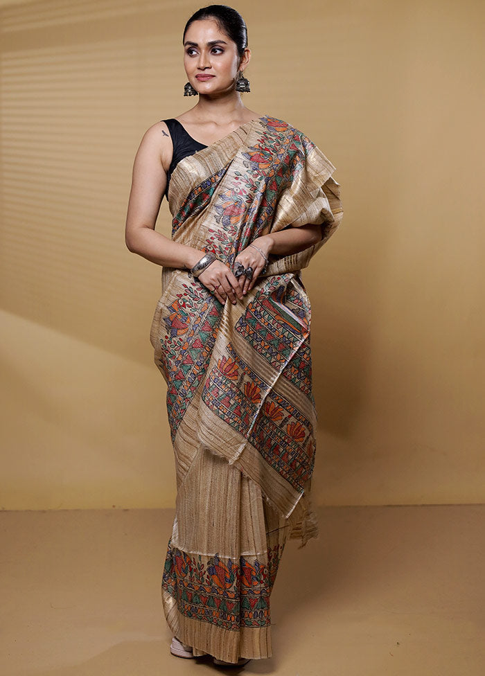 Cream Tussar Silk Saree With Blouse Piece