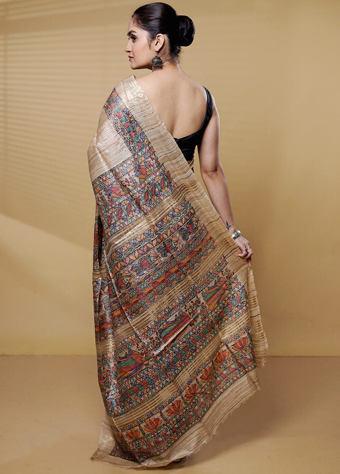 Cream Tussar Silk Saree With Blouse Piece