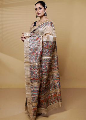 Cream Tussar Silk Saree With Blouse Piece