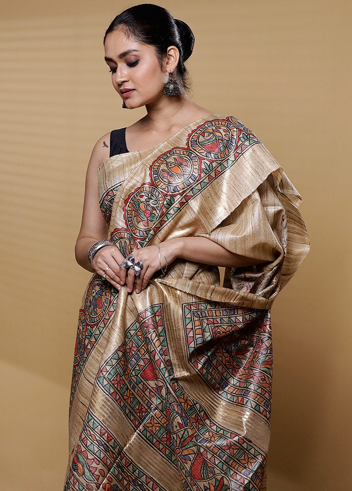 Cream Tussar Silk Saree With Blouse Piece