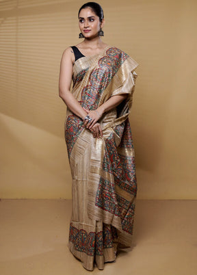 Cream Tussar Silk Saree With Blouse Piece