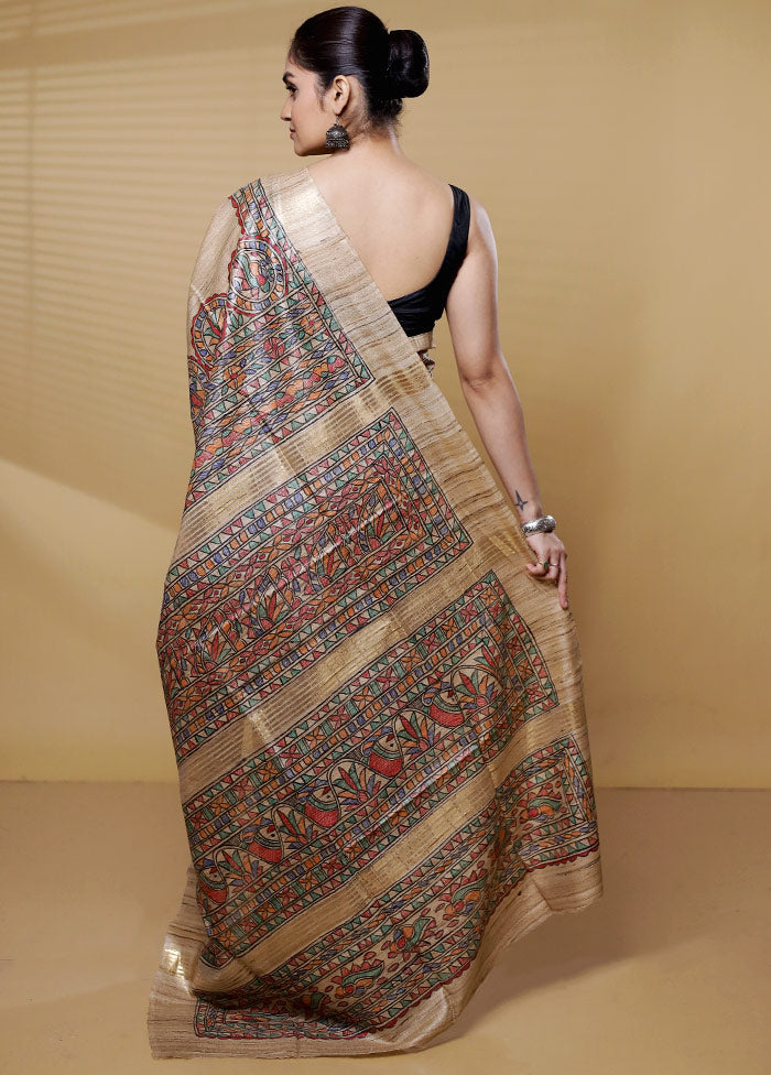 Cream Tussar Silk Saree With Blouse Piece