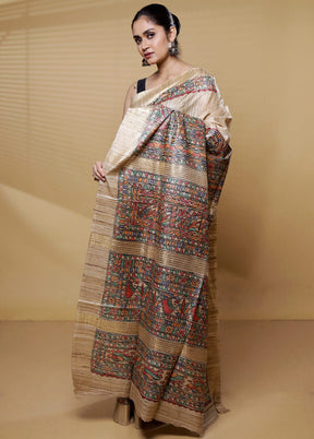 Cream Tussar Silk Saree With Blouse Piece