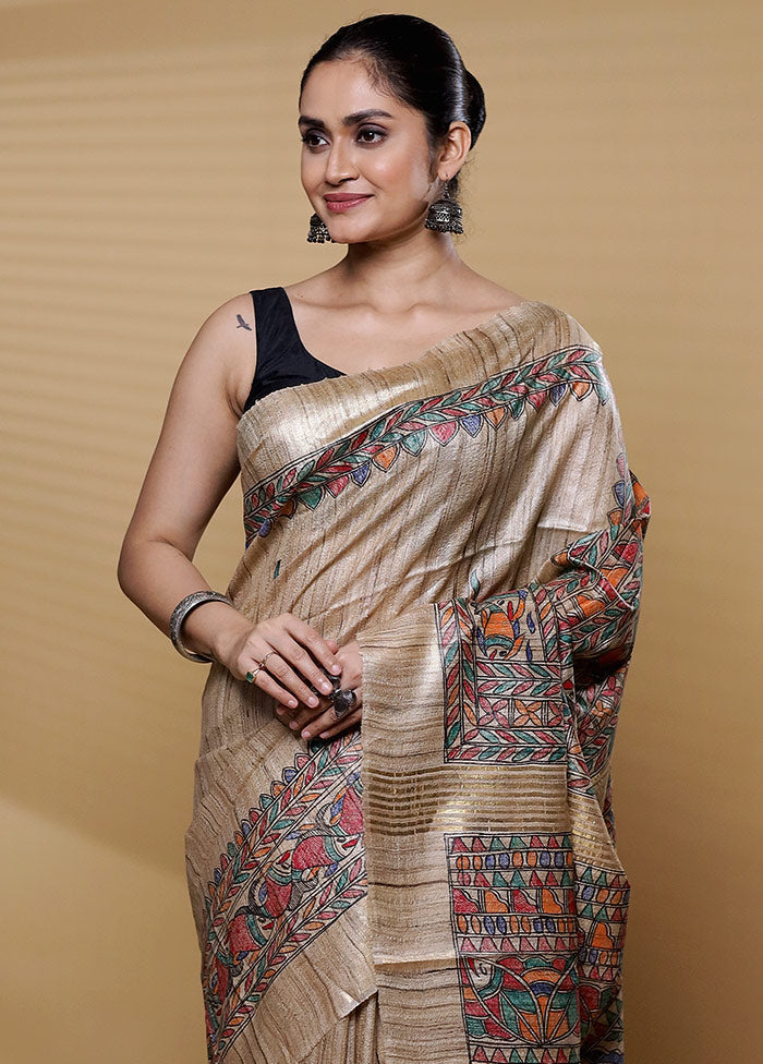 Cream Tussar Silk Saree With Blouse Piece