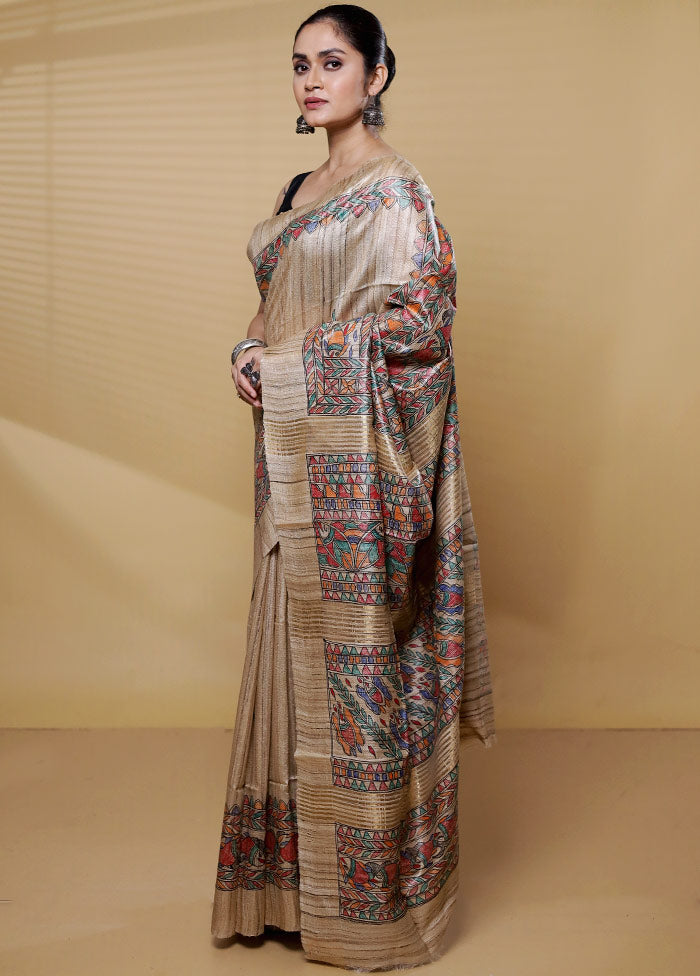 Cream Tussar Silk Saree With Blouse Piece