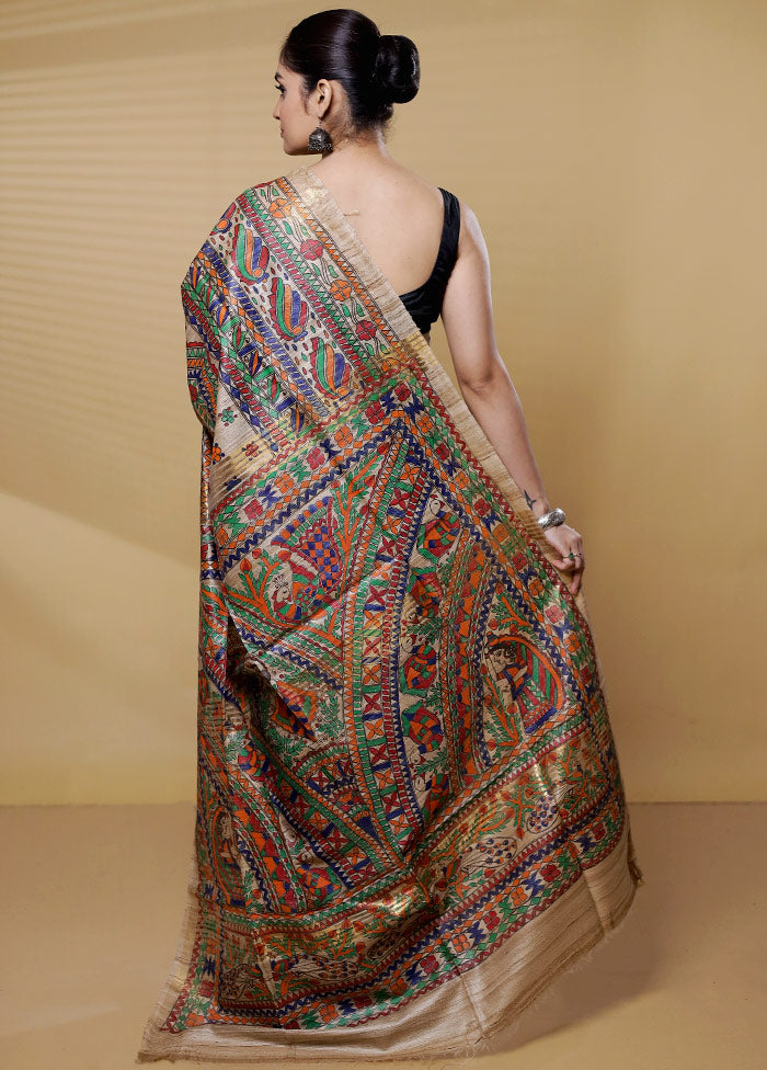 Cream Handloom Tussar Pure Silk Saree With Blouse Piece