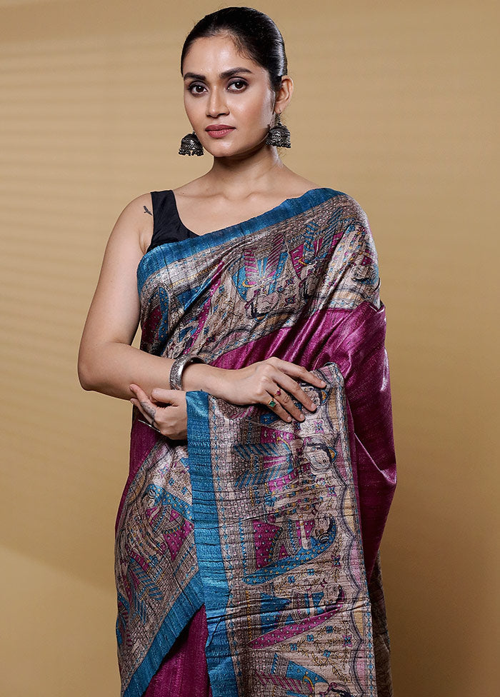 Purple Tussar Silk Saree With Blouse Piece