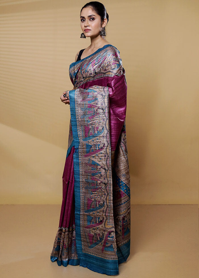 Purple Tussar Silk Saree With Blouse Piece