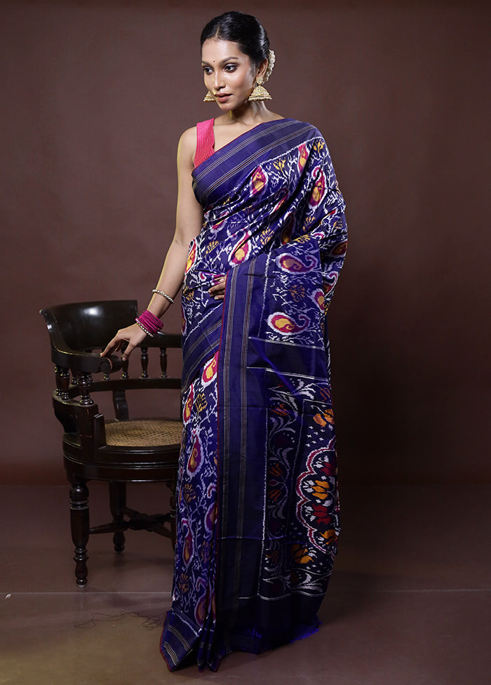 Blue Handloom Ikkat Pure Silk Saree With Blouse Piece