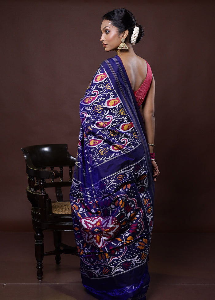 Blue Handloom Ikkat Pure Silk Saree With Blouse Piece