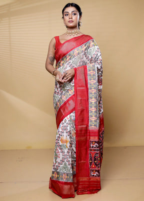 Cream Handloom Ikkat Pure Silk Saree With Blouse Piece