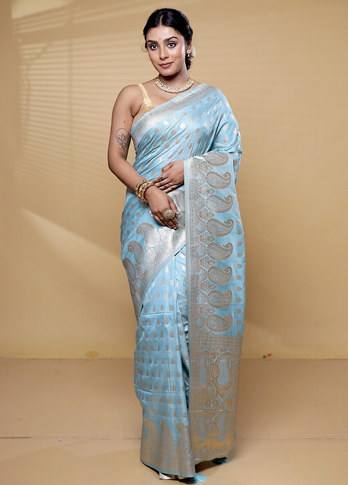 Blue Dupion Silk Saree With Blouse Piece