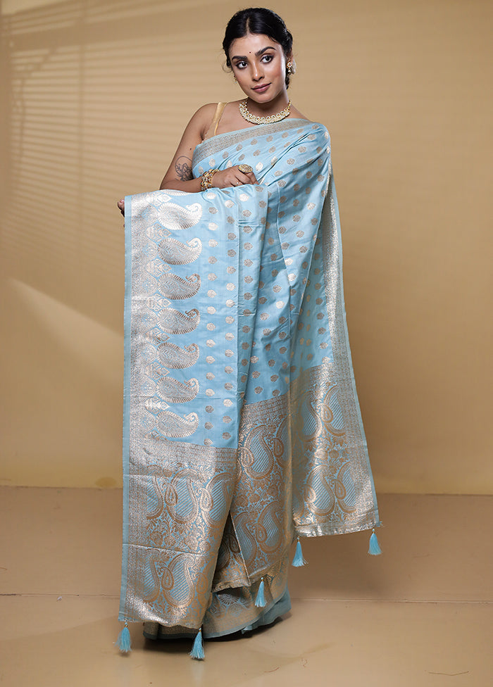 Blue Dupion Silk Saree With Blouse Piece