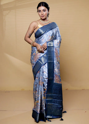 Blue Dupion Silk Saree With Blouse Piece