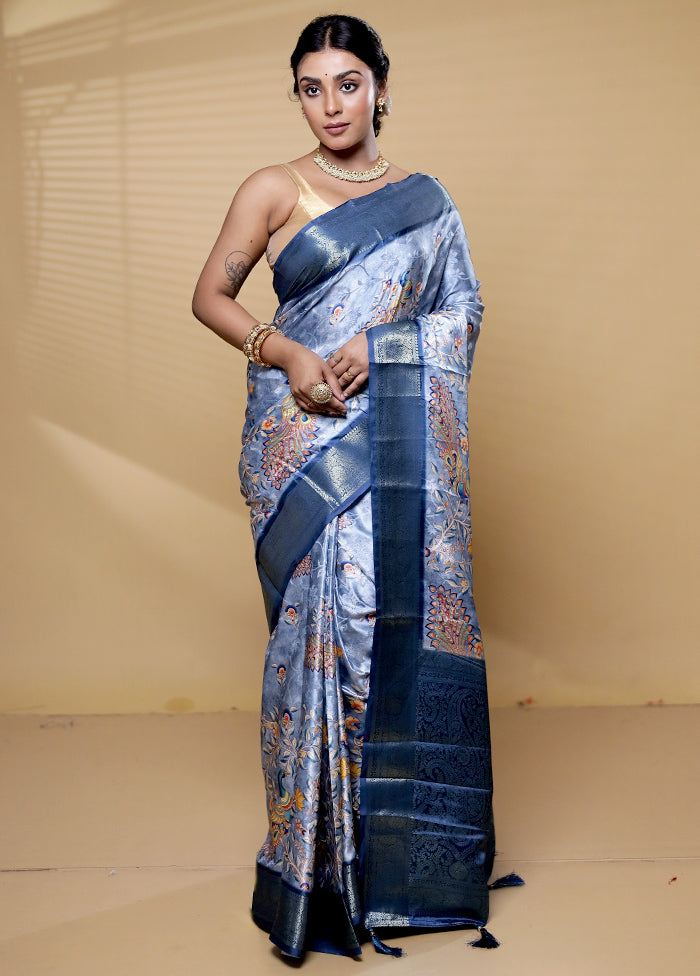 Blue Dupion Silk Saree With Blouse Piece