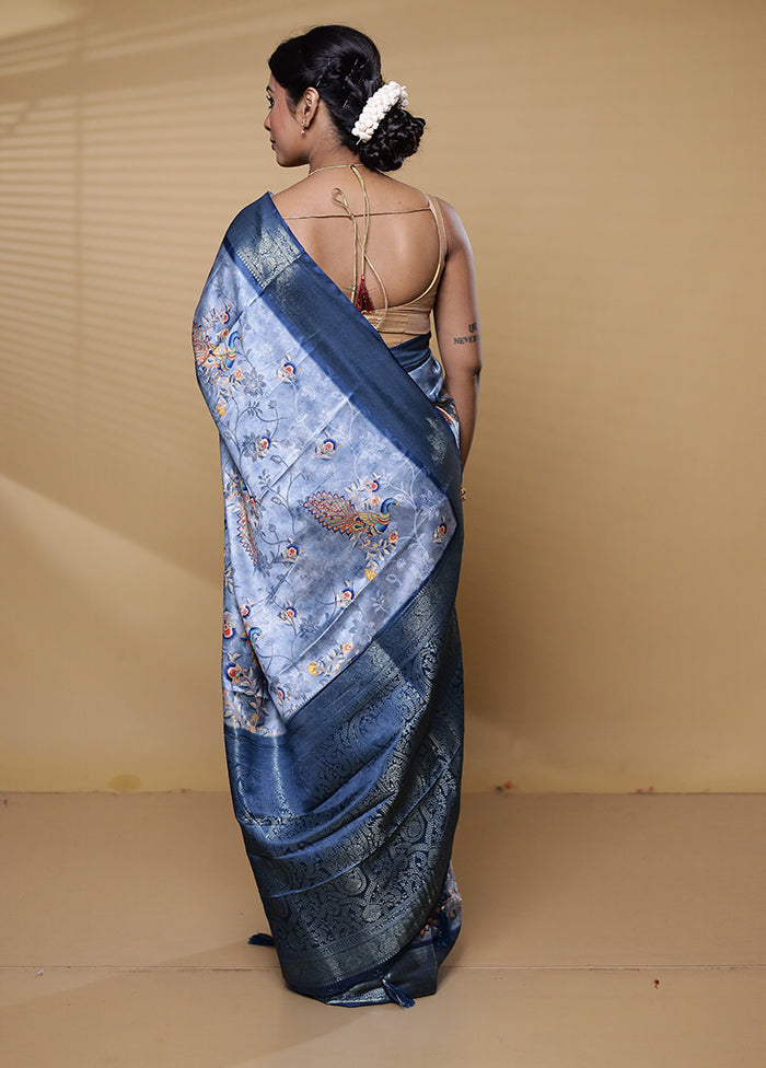 Blue Dupion Silk Saree With Blouse Piece