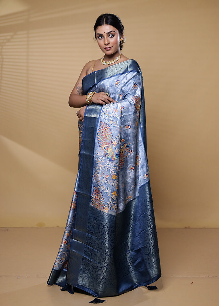 Blue Dupion Silk Saree With Blouse Piece