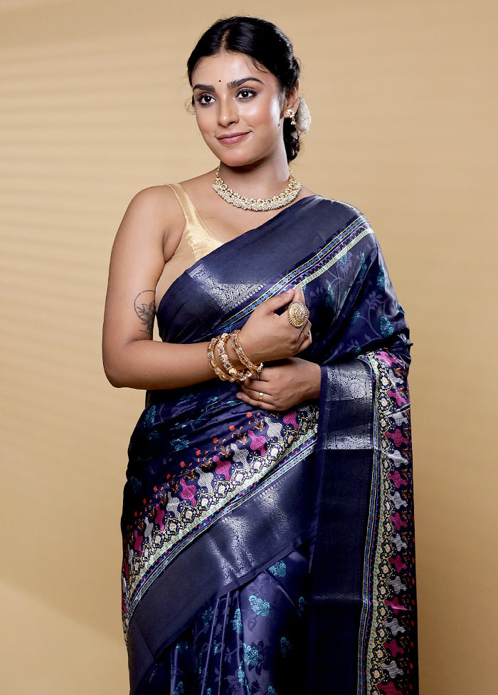 Blue Dupion Silk Saree With Blouse Piece