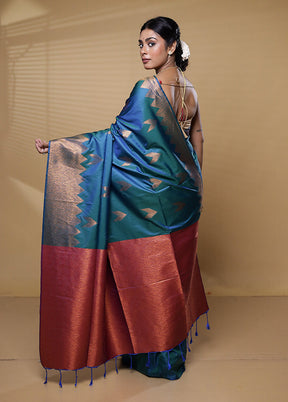 Blue Dupion Silk Saree With Blouse Piece