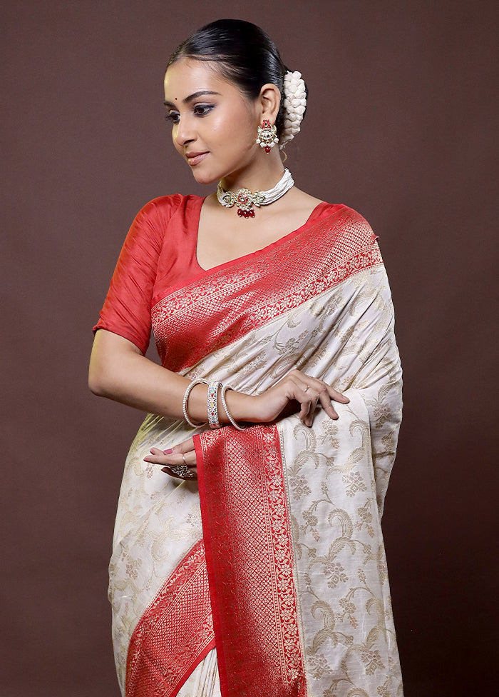 Cream Dupion Silk Saree With Blouse Piece