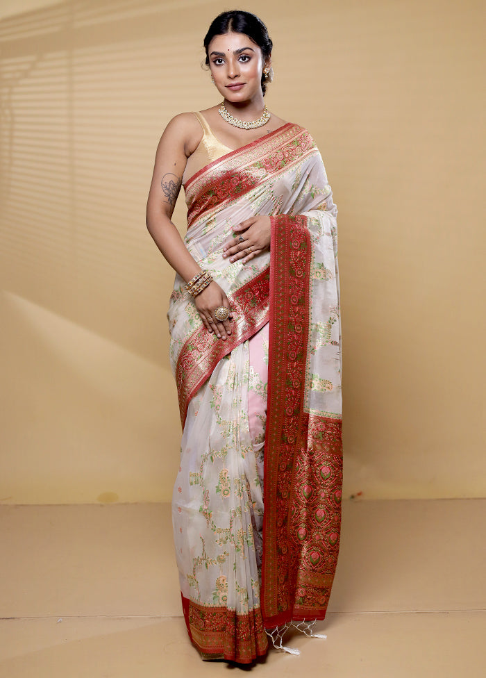 Cream Dupion Silk Saree With Blouse Piece