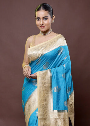 Blue Dupion Silk Saree With Blouse Piece