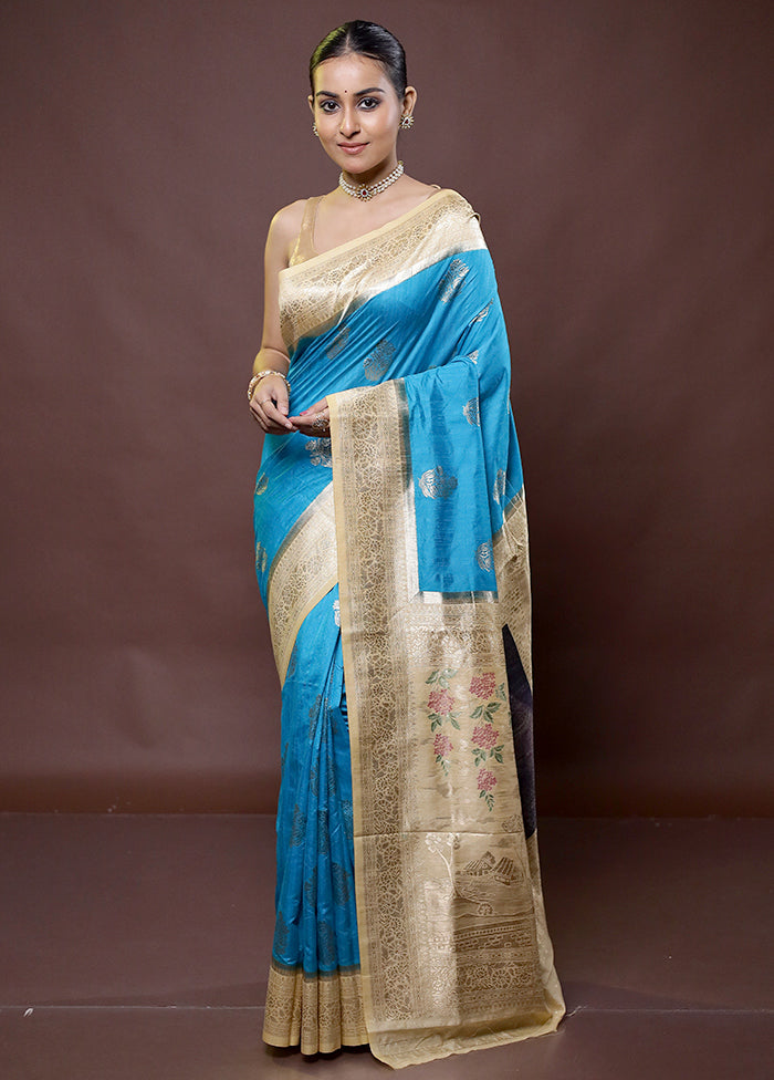 Blue Dupion Silk Saree With Blouse Piece