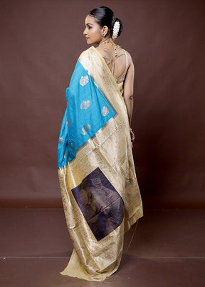 Blue Dupion Silk Saree With Blouse Piece