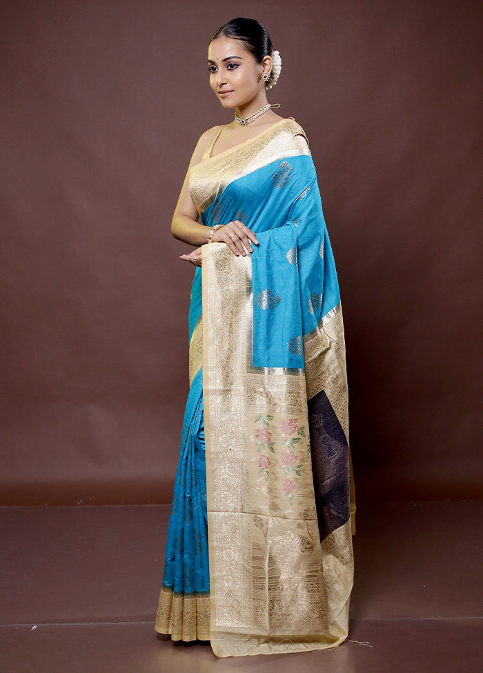 Blue Dupion Silk Saree With Blouse Piece