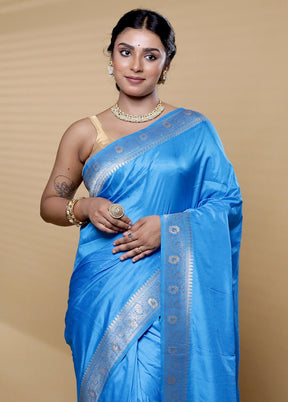 Blue Dupion Silk Saree With Blouse Piece