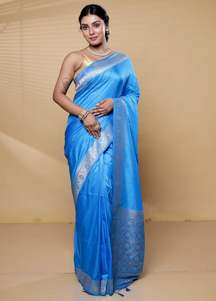 Blue Dupion Silk Saree With Blouse Piece