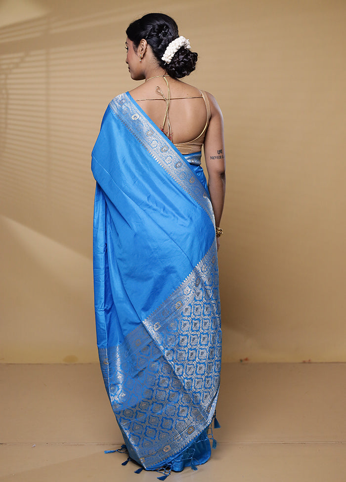 Blue Dupion Silk Saree With Blouse Piece