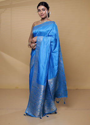 Blue Dupion Silk Saree With Blouse Piece