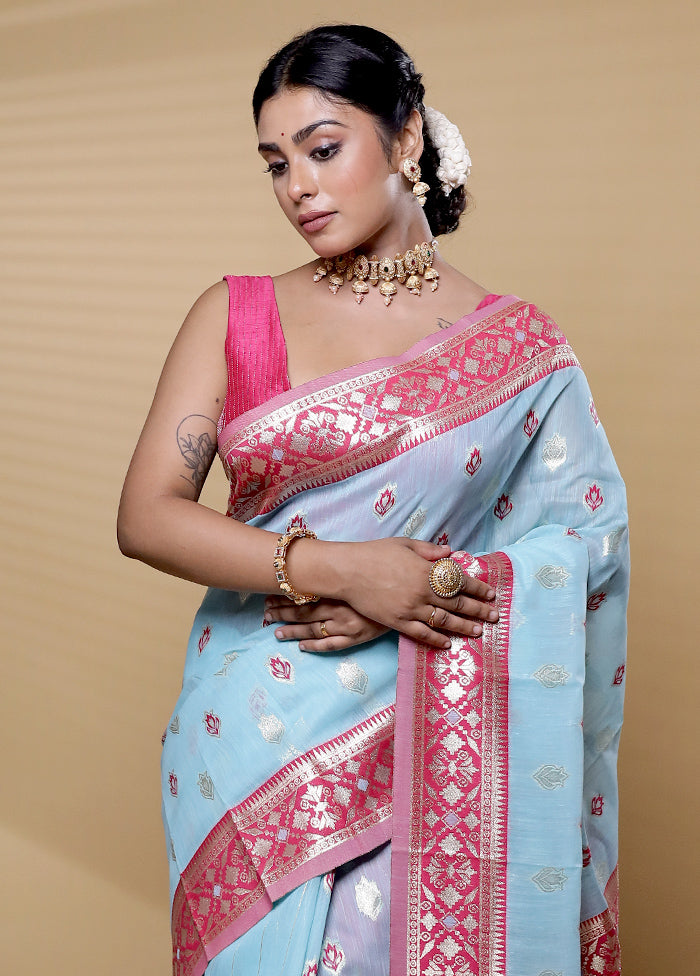 Blue Kora Silk Saree With Blouse Piece